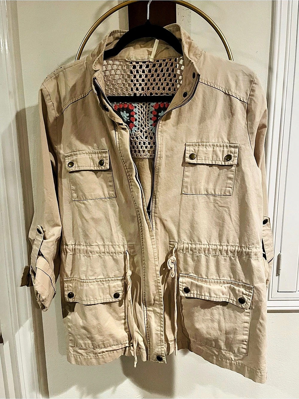 Blu pepper, beige khaki utility jacket with crocheted backing.